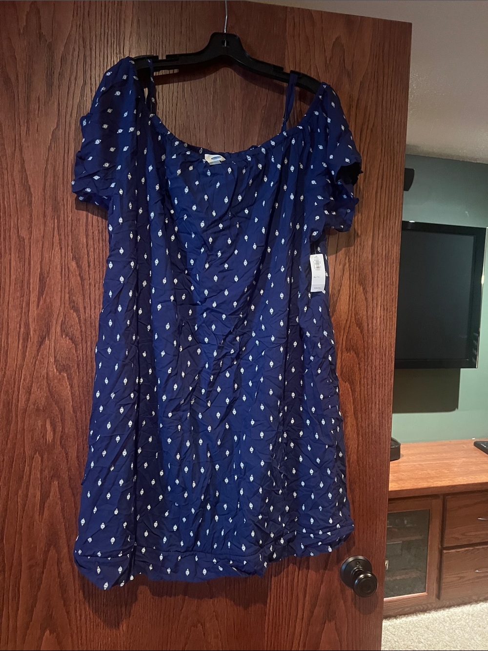 Blue Off-Shoulder Mini Dress with White Dot Print